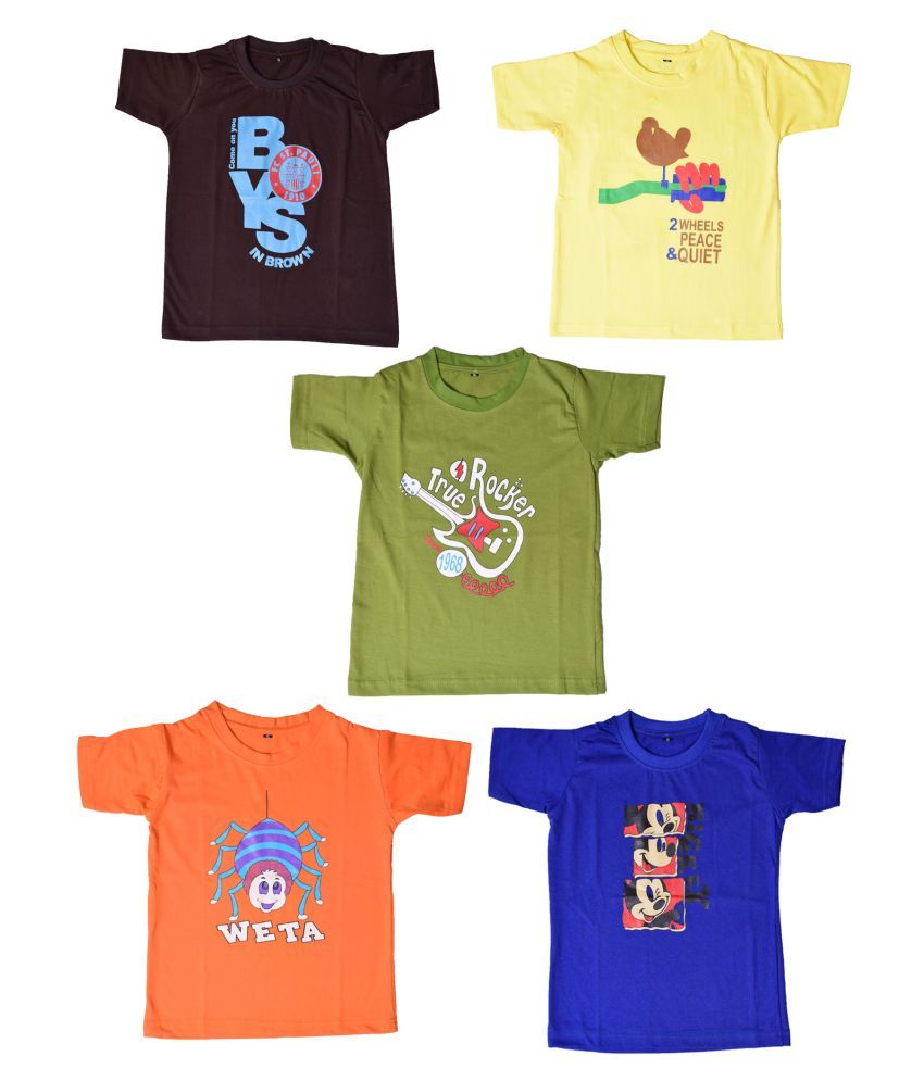     			British Terminal Multi Colour Printed Round Neck Cotton Boy's T-shirt Combo - Pack of 5