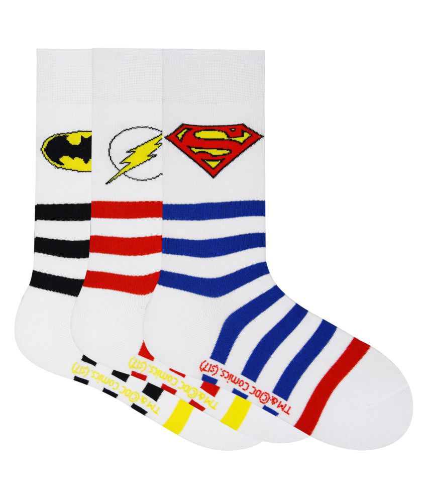 Justice League Kids Stripes with Character Logo White Crew Socks -Pack of 3