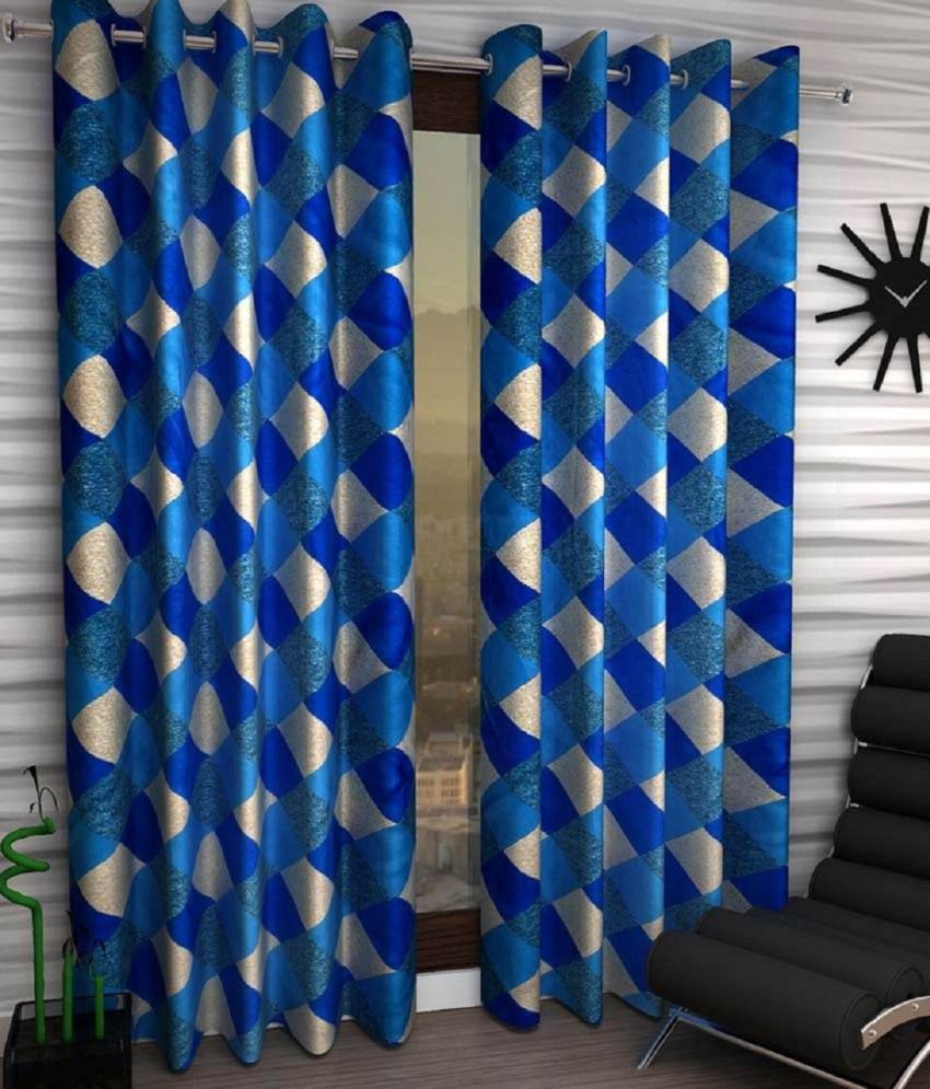 Panipat Textile Hub Set of 2 Door Eyelet Curtains Geometrical Blue