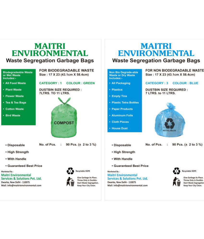     			2 COLOR WASTE SEGREGATION COMBO WET WASTE (GREEN)(17"X23")(90 PCS)  AND DRY WASTE (BLUE)(17"X23")(90 PCS) GARBAGE BAGS TOTAL QTY 180 PCS