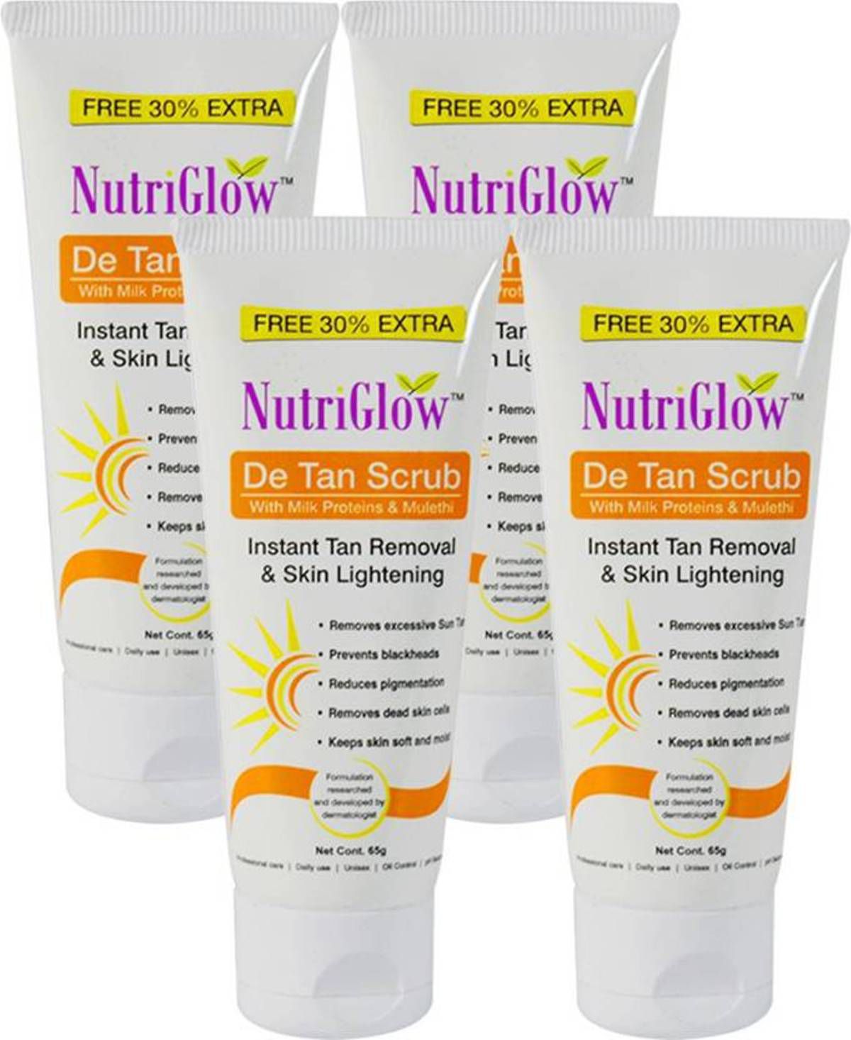     			NutriGlow De Tan Scrub With Milk Protein & Mulethi For Deep Exfoliation, Tan Removal Treatment, Oily Prone Skin, 65gm (Pack of 4)