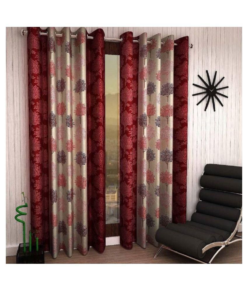     			Tanishka Fabs Floral Semi-Transparent Eyelet Long Door Curtain 9 ft Pack of 2 -Maroon