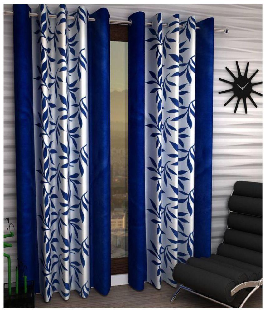     			Panipat Textile Hub Floral Semi-Transparent Eyelet Door Curtain 7 ft Pack of 4 -Blue