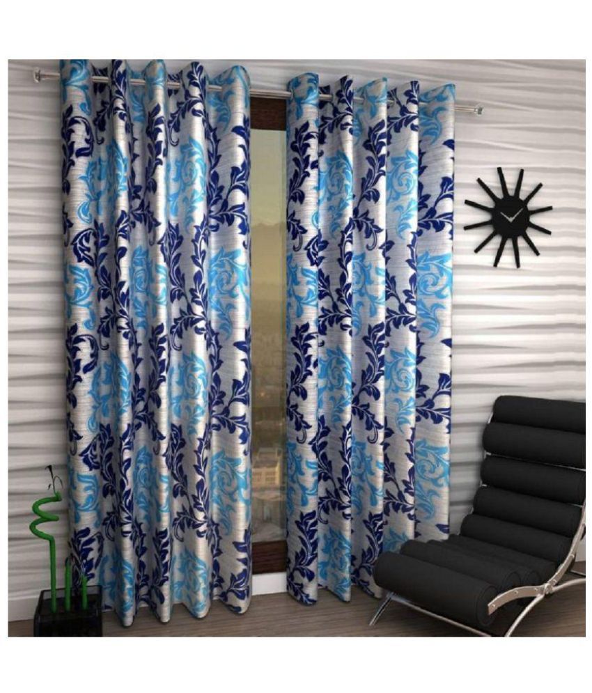     			Phyto Home Floral Semi-Transparent Eyelet Door Curtain 7 ft Pack of 2 -Blue