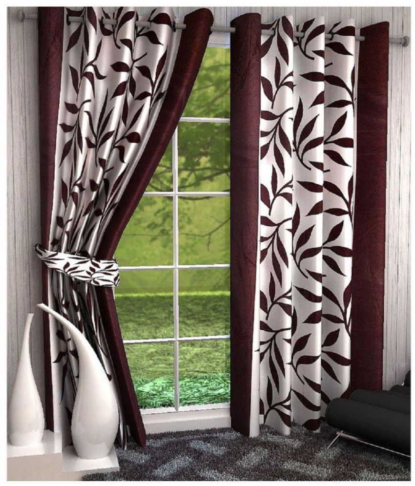     			Phyto Home Floral Semi-Transparent Eyelet Window Curtain 5 ft Pack of 2 -Brown