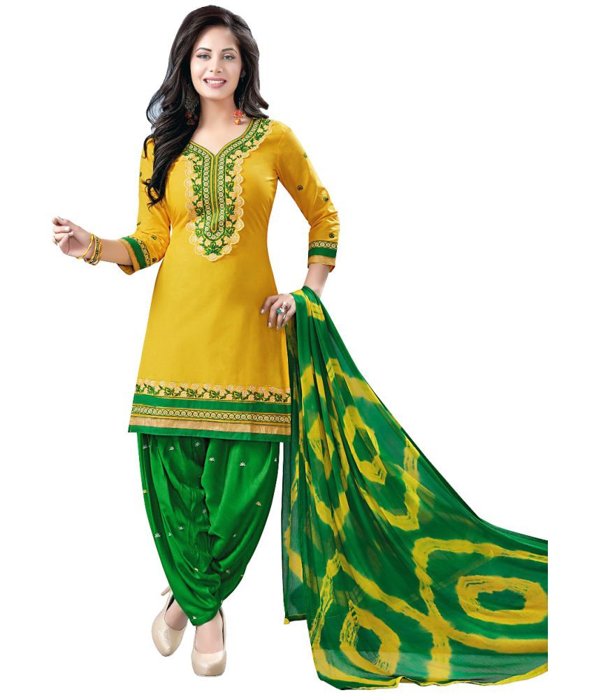 Yellow and Green Cotton Dress Material 