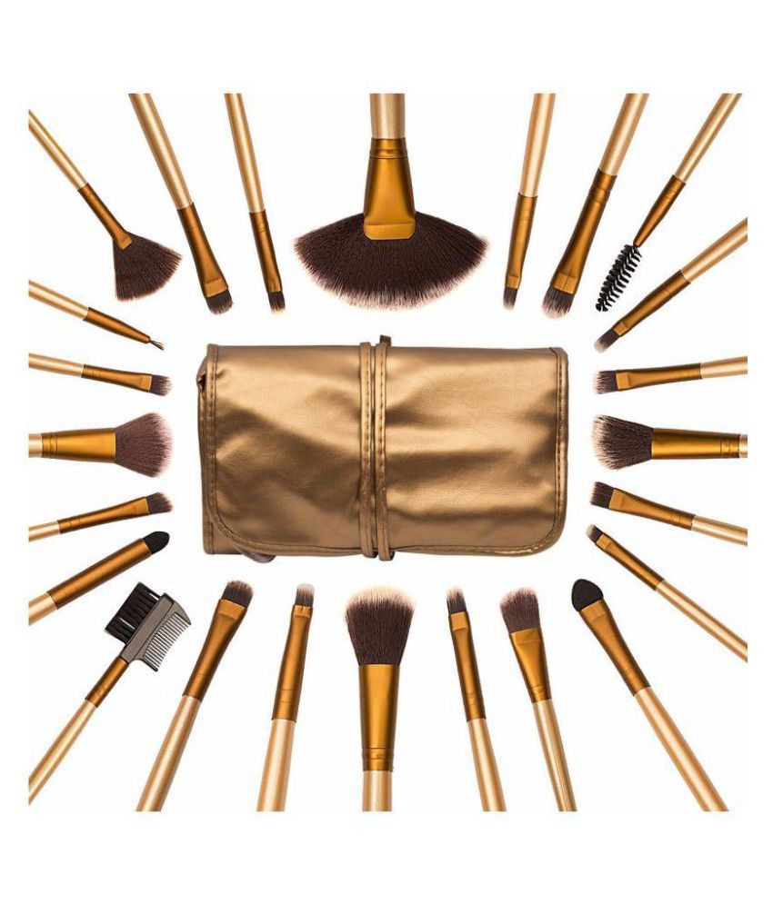     			FOK Professional Makeup Brushes With Golden Leather Pouch Synthetic Blending,Wet & Dry Products,Contouring,Evenout 300 g 24 Pcs