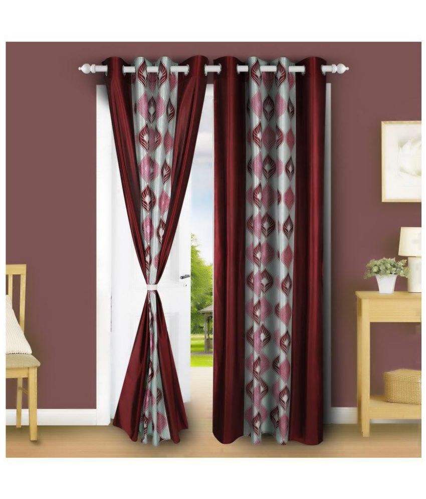     			E-Retailer Set of 2 Door Eyelet Curtains Floral Maroon