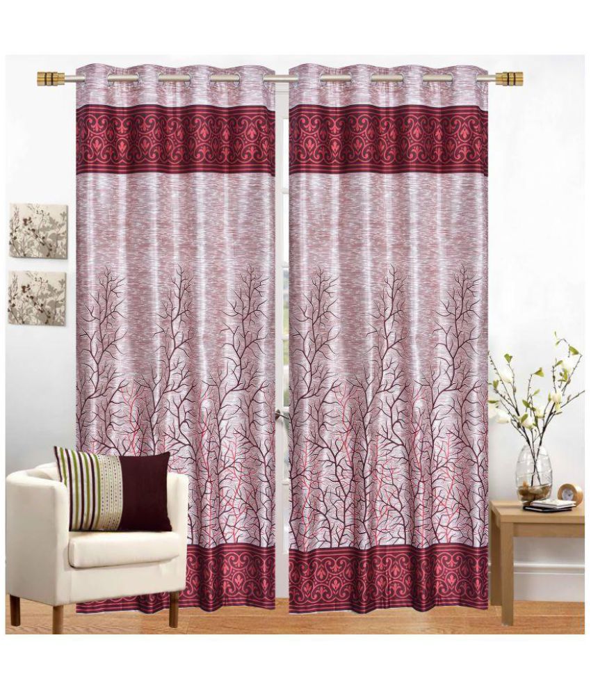     			Phyto Home Floral Semi-Transparent Eyelet Door Curtain 7 ft Pack of 2 -Maroon
