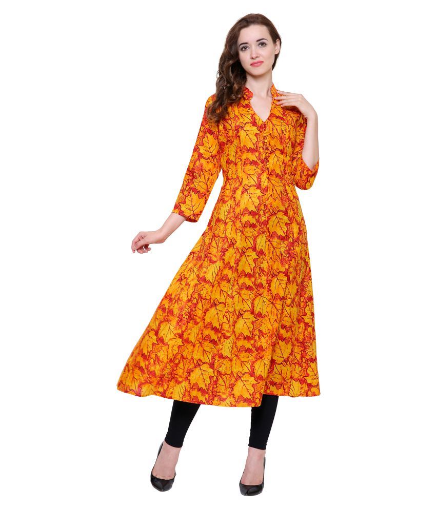 Ekaa Yellow Cotton Anarkali Kurti - Buy Ekaa Yellow Cotton Anarkali ...