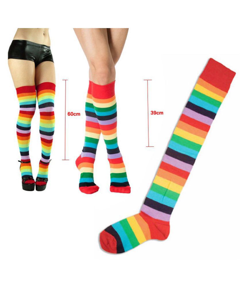 Women OVER KNEE SOCKS Rainbow Striped High Thigh Long Stripey Stocking ...