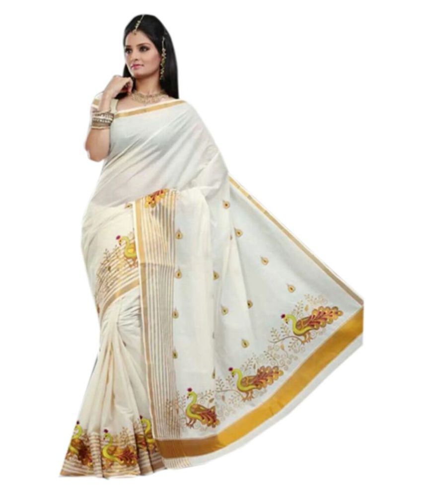     			RSV FABRICS White and Grey Kerela Cotton Saree