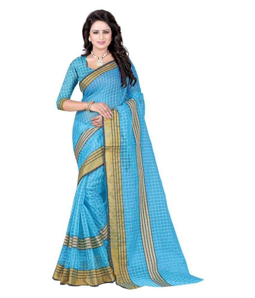 Yashika Sarees Blue Polycotton Saree - Buy Yashika Sarees Blue ...