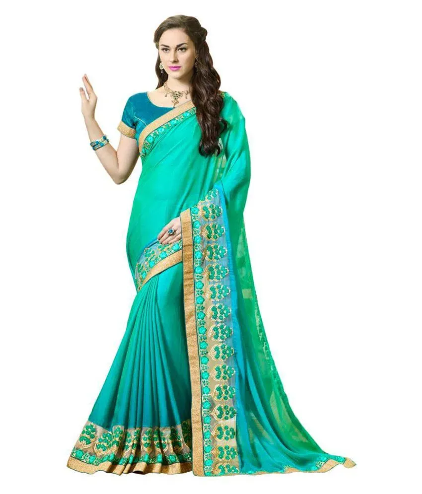 Turquoise color rangoli georgette Fabric embroidered Fancy Saree