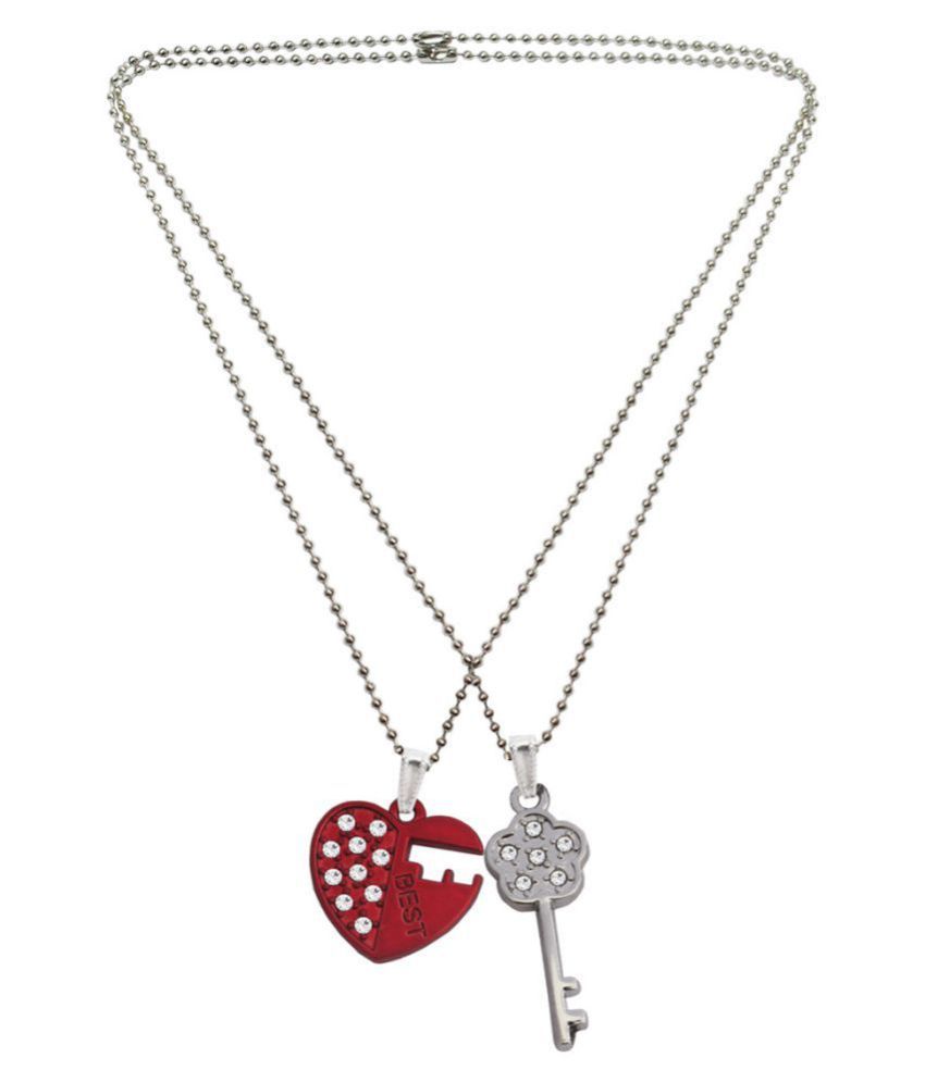 Menjewell Classic Couple Jewellery Silver Maroon Lovely Heart With Key To My Pendant