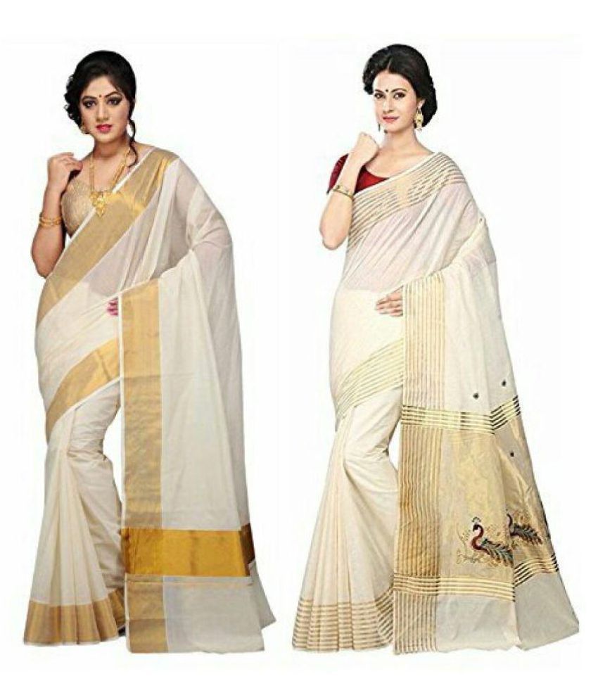     			RSV FABRICS Beige and Grey Kerela Cotton Saree