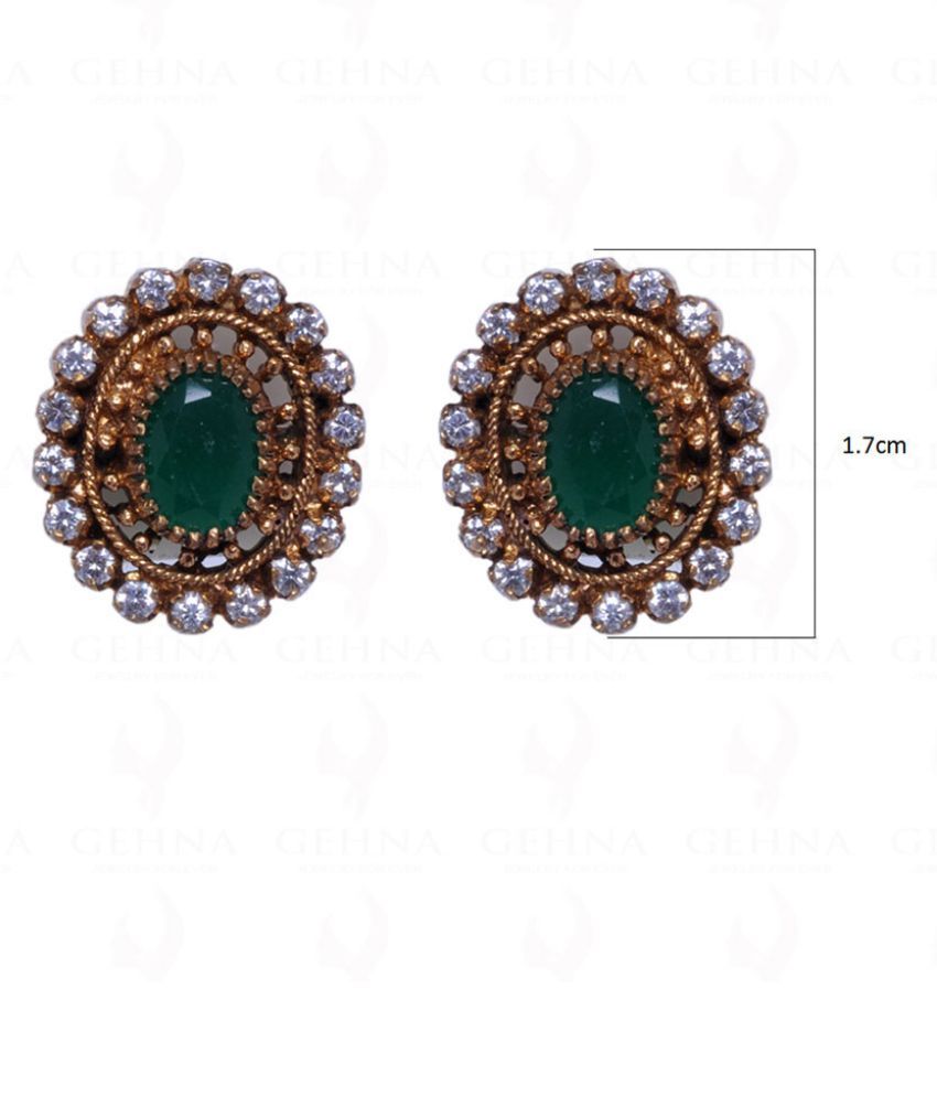 Oval Shaped Emerald & Cubic Zircon Studded Antique Finish Earrings