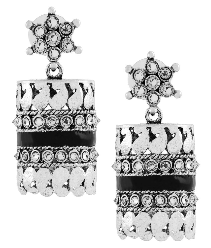     			The Jewelbox Traditional CZ Enamel Black Silver Rhodium Plated Dangle Earring For Girls Women
