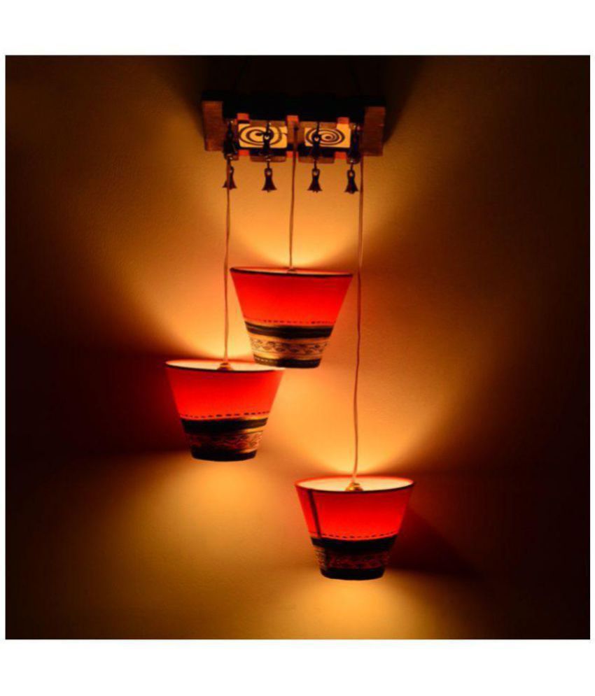 ExclusiveLane Wood Bucket Shaped Chandelier With Hanging Lamp Shade