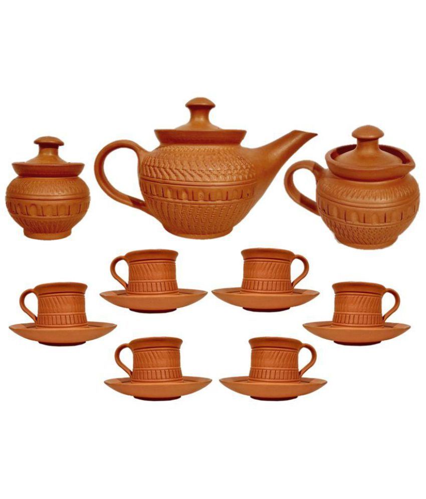 CUP PLATE CLAY TERRACOTTA SET OF 9,6 CUP PLATE & TEA POT,SUGAR POT,MILK
