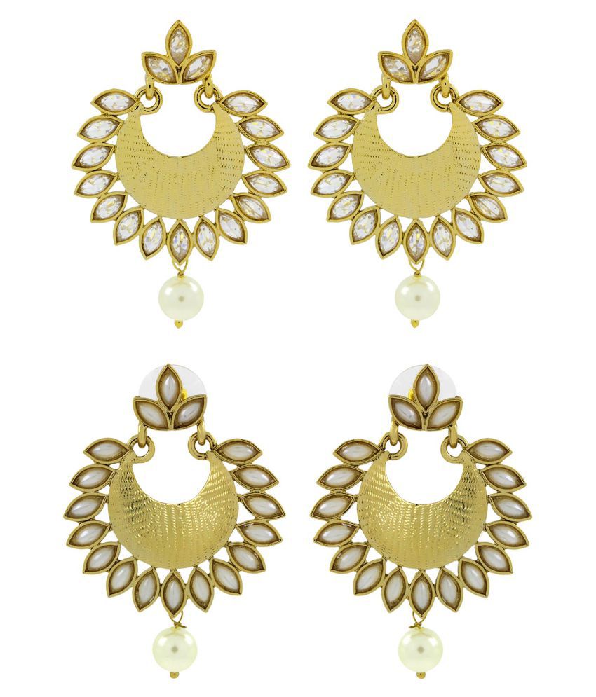     			The Jewelbox Dainty Chandbali Pearl Kundan American Diamond Antique Gold Plated Earring Combo For Women