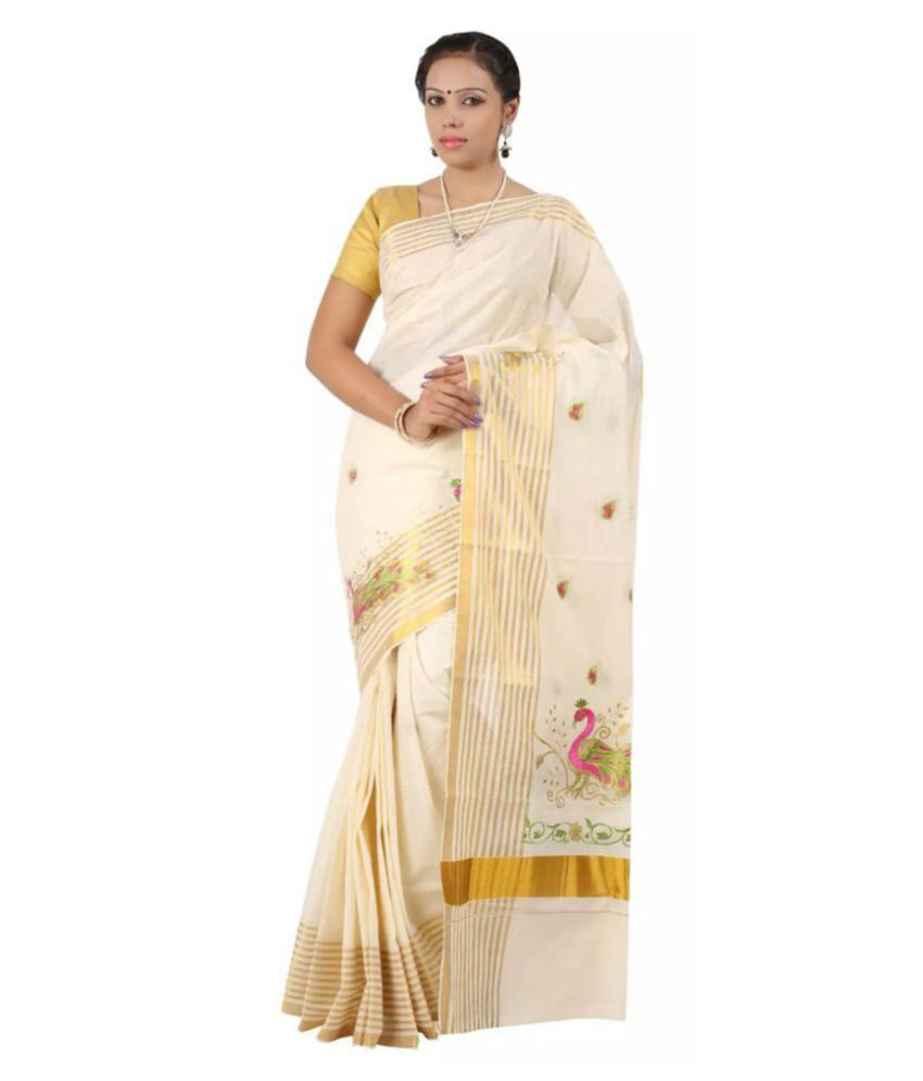     			RSV FABRICS White and Beige Kerela Cotton Saree