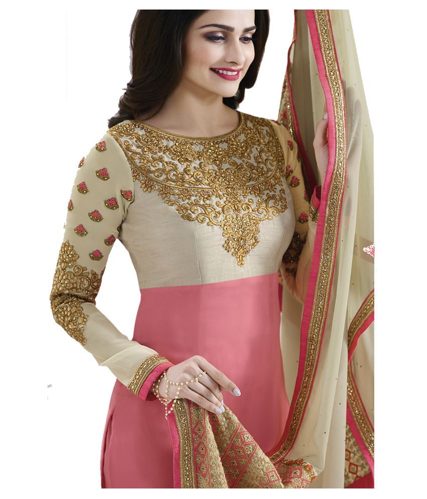 VH FASHION Pink and Beige Georgette Straight Semi-Stitched Suit - Buy ...