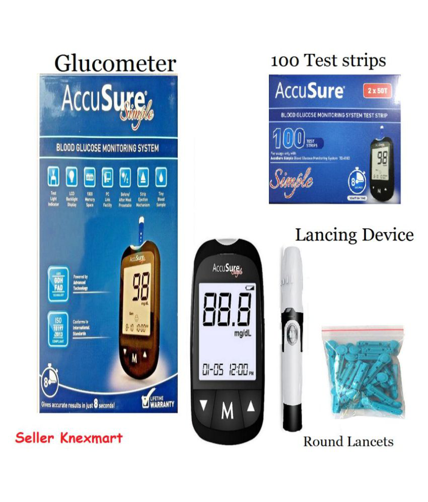 Accusure Simple Glucometer + 100 strips Expiry- May 2022