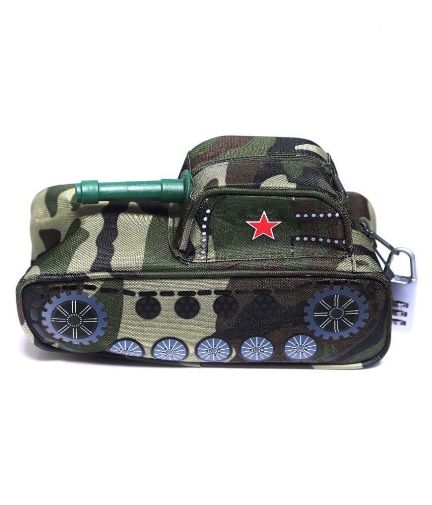     			Baby Oodles Nylon Olive Green & Army Green Military Tank Shaped 3D Stationary /Storage Pouch For Kids