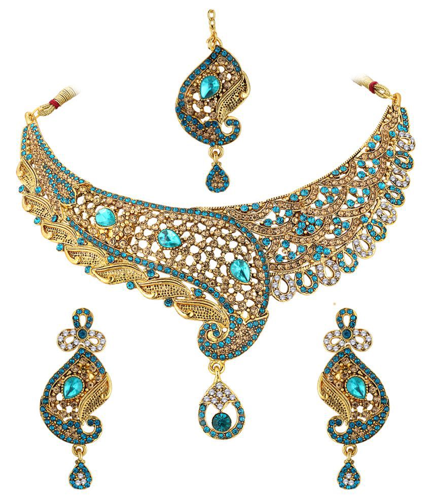 Spargz Bollywood Gold Plated Blue AD Stone Fashion Bridal jewellery Necklace Set For Women AINS_302