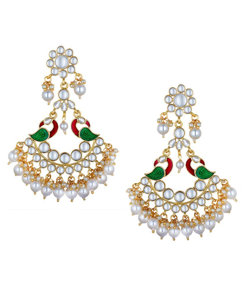     			Spargz Gold Plated Wedding & Party Wear Kundan Pearl Multicolor Enamel Work Peacock Chand Bali Earrings For Women AIER_1356