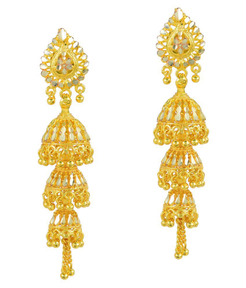     			DzineTrendz Gold covered Brass triple Umbrella Mirror Work Chandelier Jhumki earrings for Women girls Traditional Earrings for Women girls