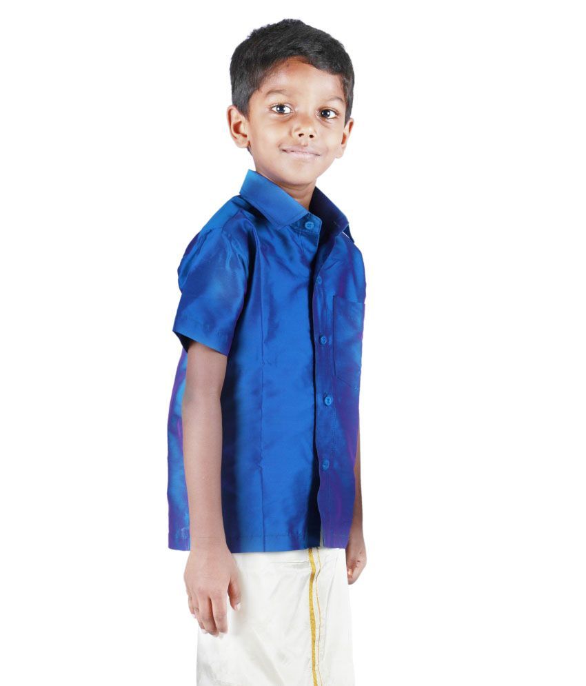 blue shirt and dhoti