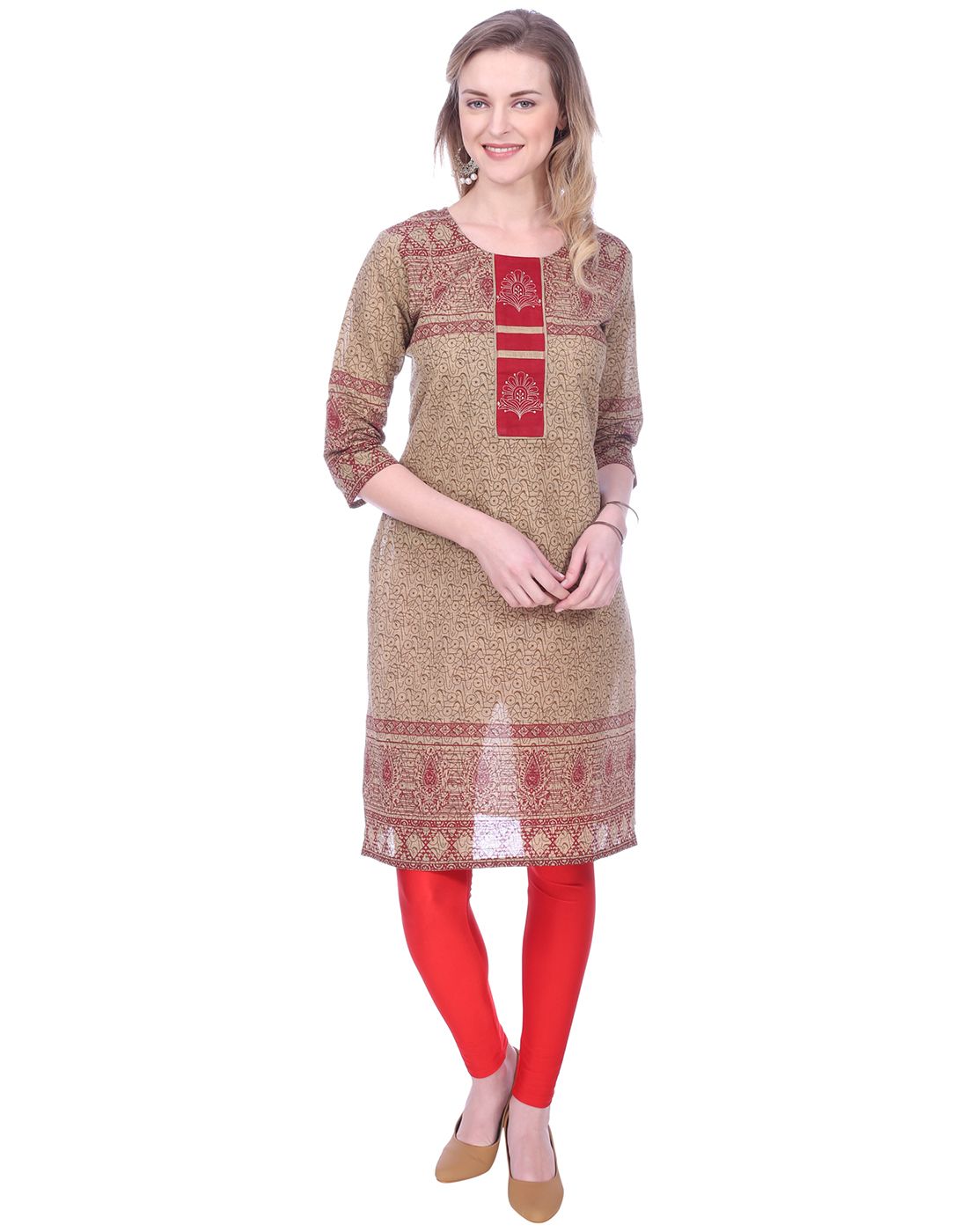     			Mystika Beige Cotton Straight Kurti