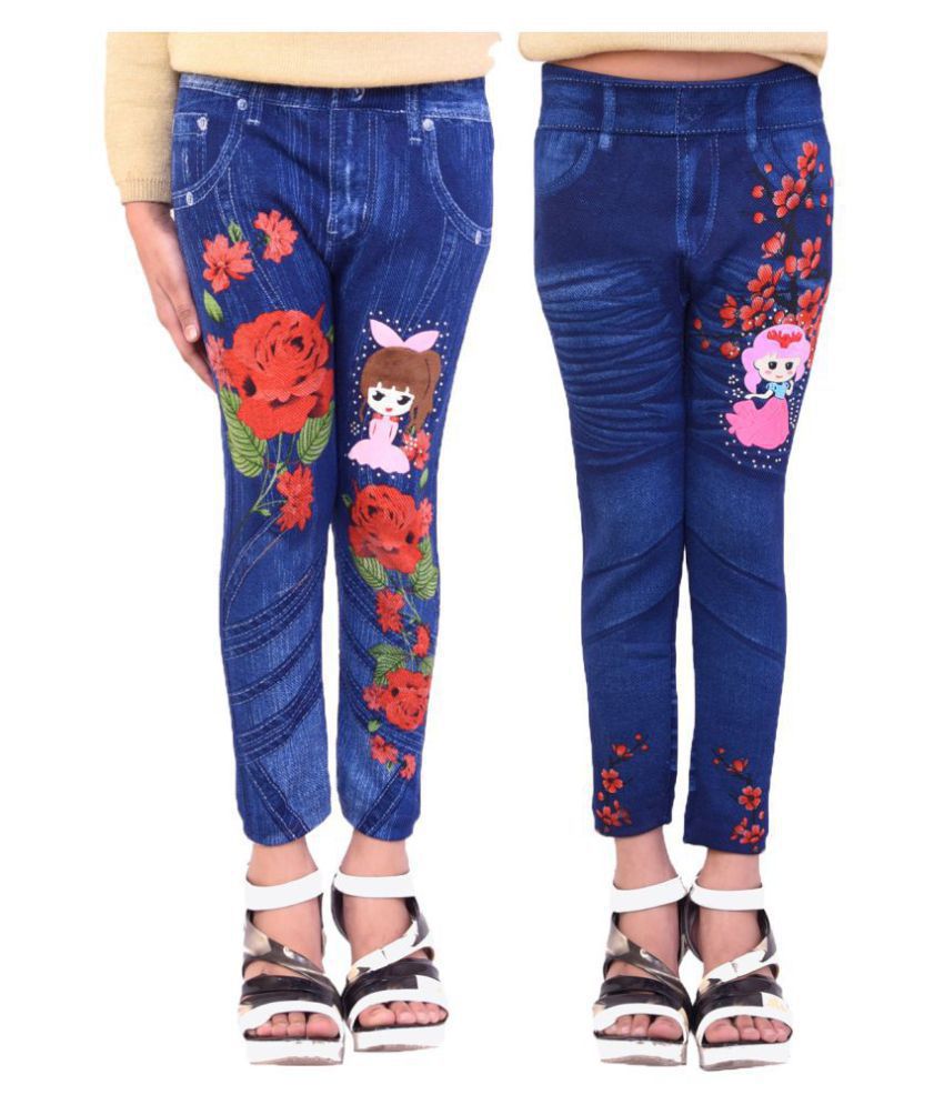     			Ziva Fashion Girls Poly Cotton Printed Blue Jegging Pants (Pack of 2)