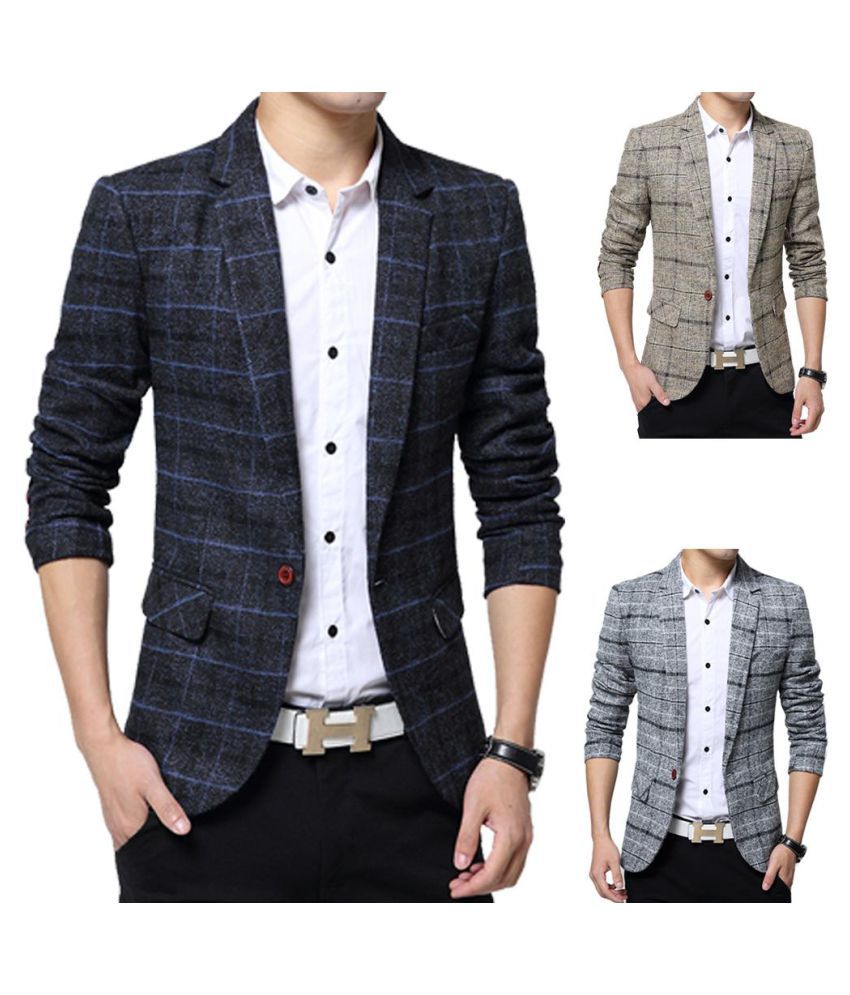 Men Fashion Slim Fit Casual Suit Blazer Coat Jacket Outwear Top Grid ...