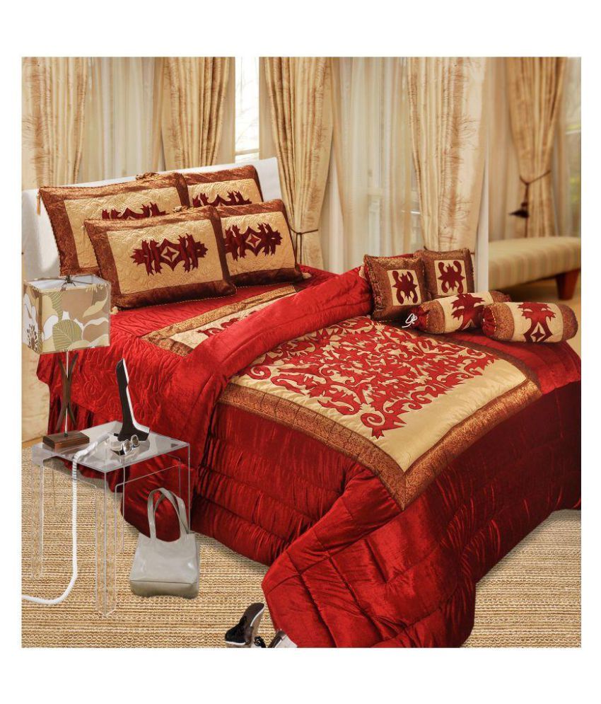 Laying Style King Velvet Maroon Checks Bedding Set Of 7