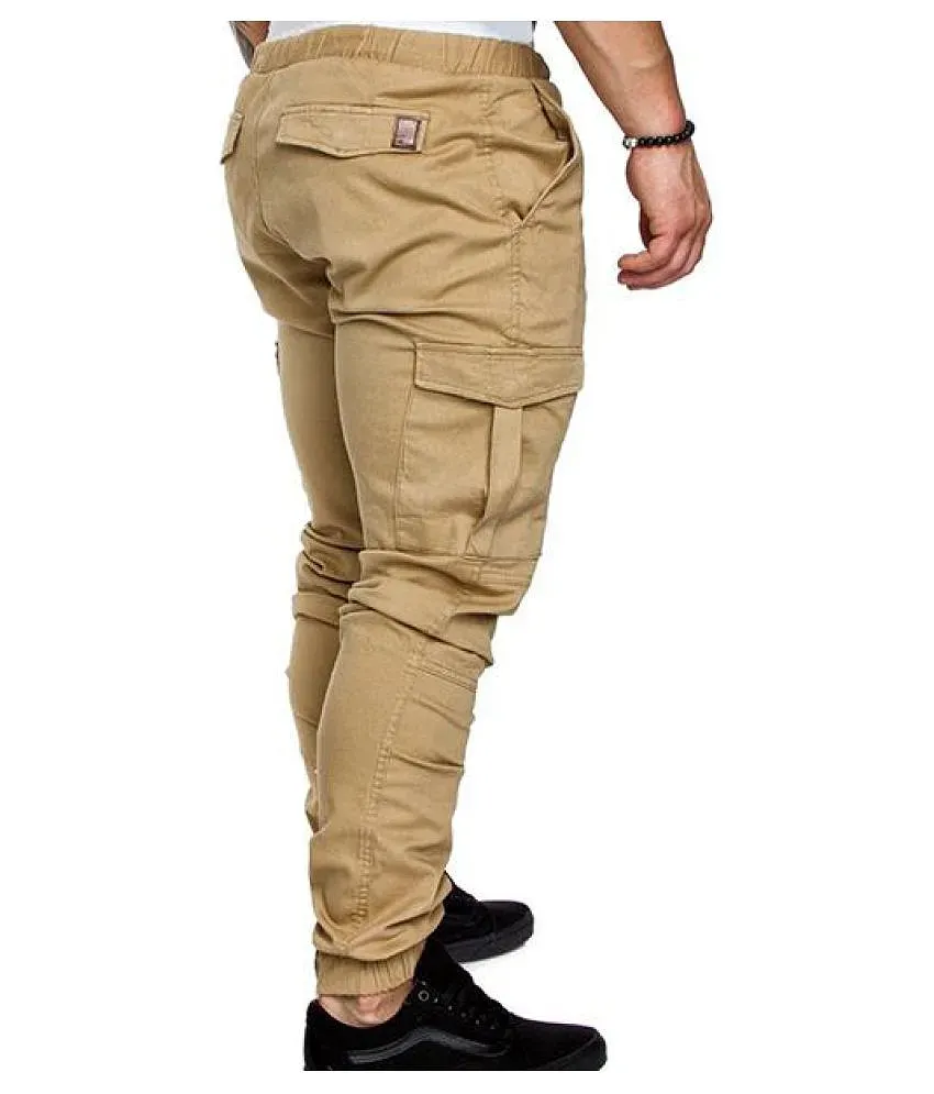 Mens Multi pocket Cargo Pants Elastic Waist Slim Fit Solid Color