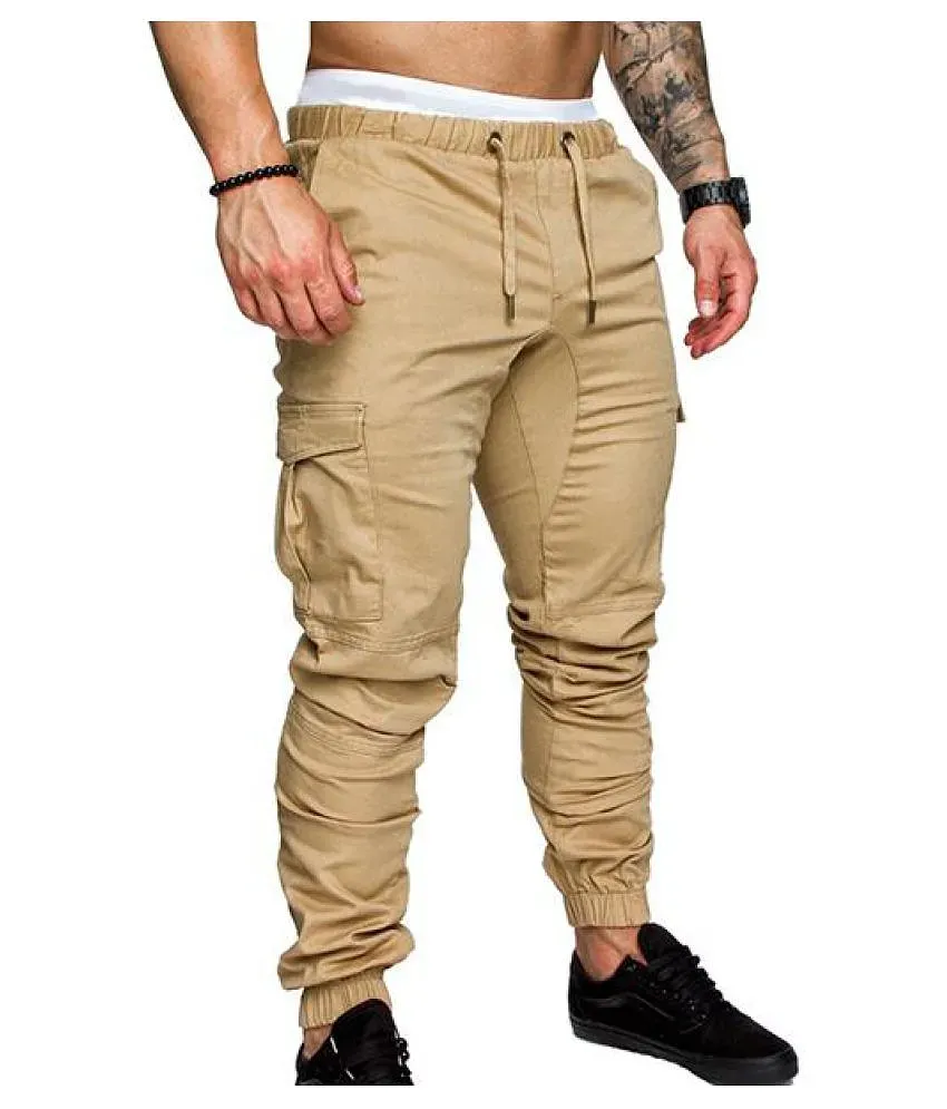 Mens Multi pocket Cargo Pants Elastic Waist Slim Fit Solid Color