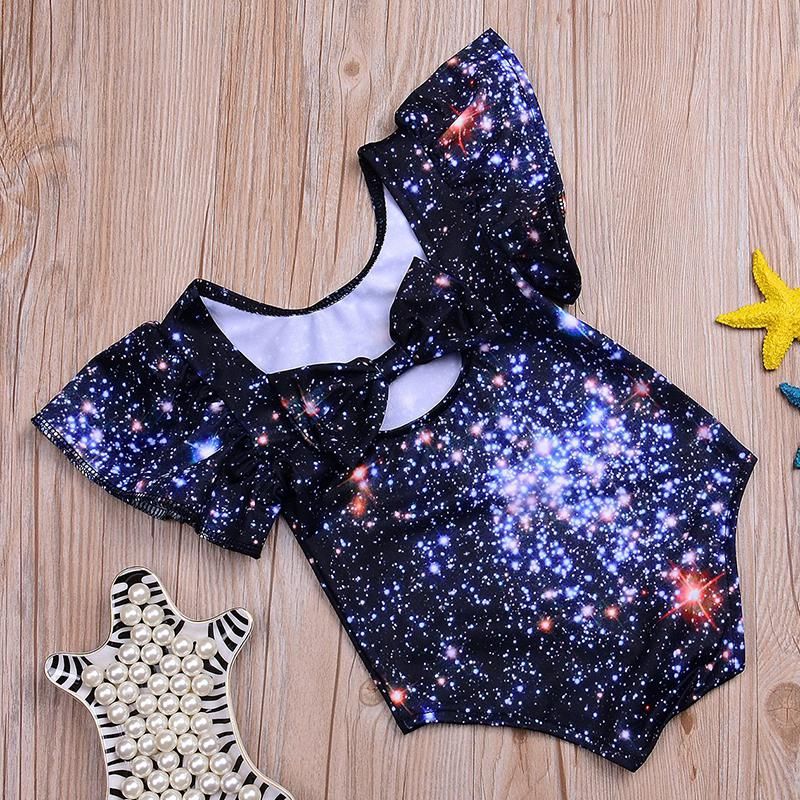 Star Printed Girls Swimwear Flare Sleeve One-Piece Jumpsuit Swimming ...