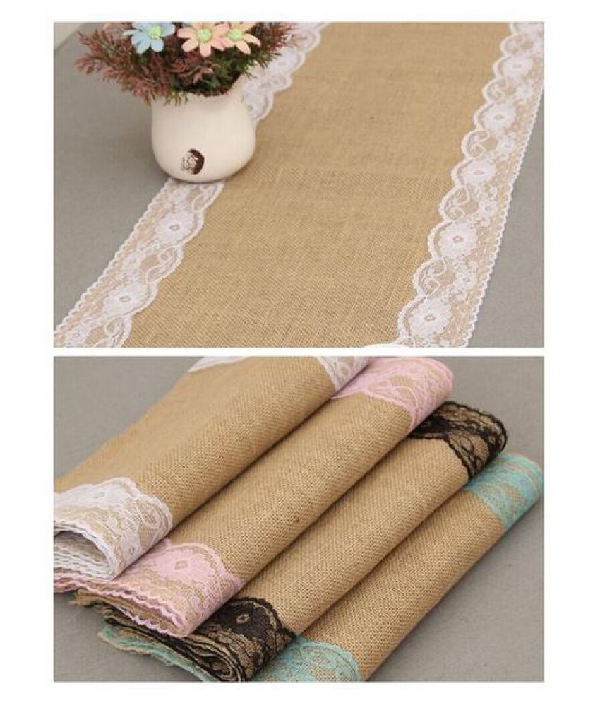 Vintage Burlap Lace White Tablecloth Natural Jute Table Runner Party