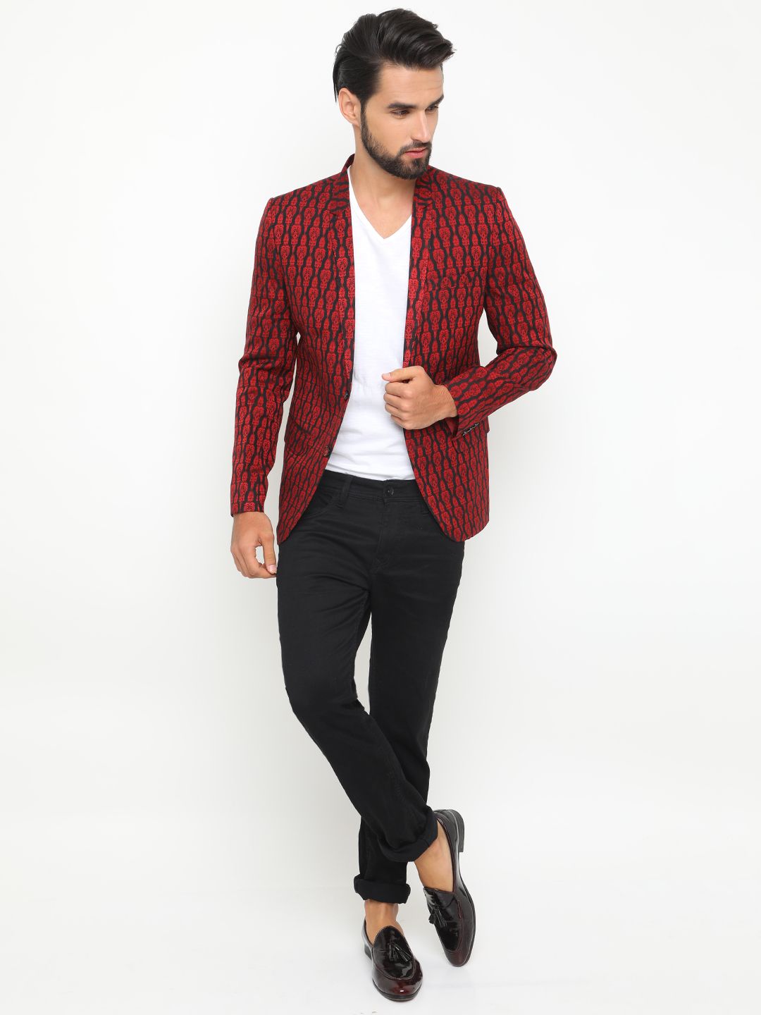Showoff Maroon Printed Casual Blazers 