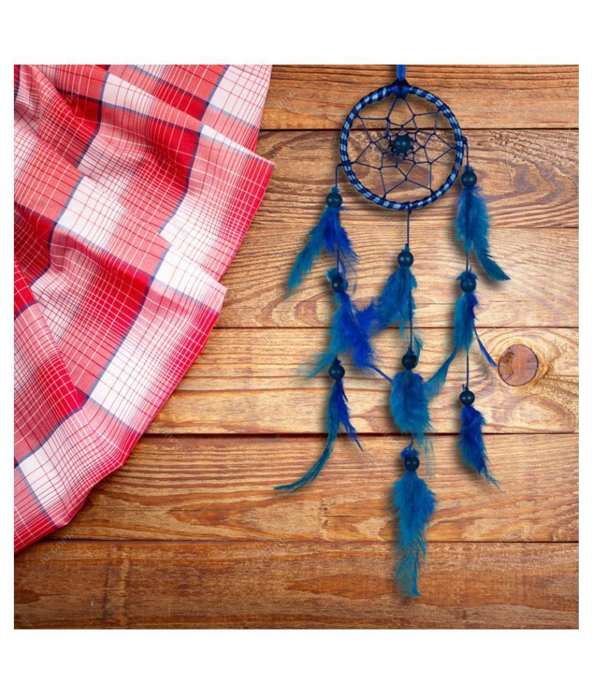     			Money Collection Wall Hanging Handmade Beaded Circular Net with Feather Blue Dream Catcher - Pack of 1 ( 36 X 7.5 cms )