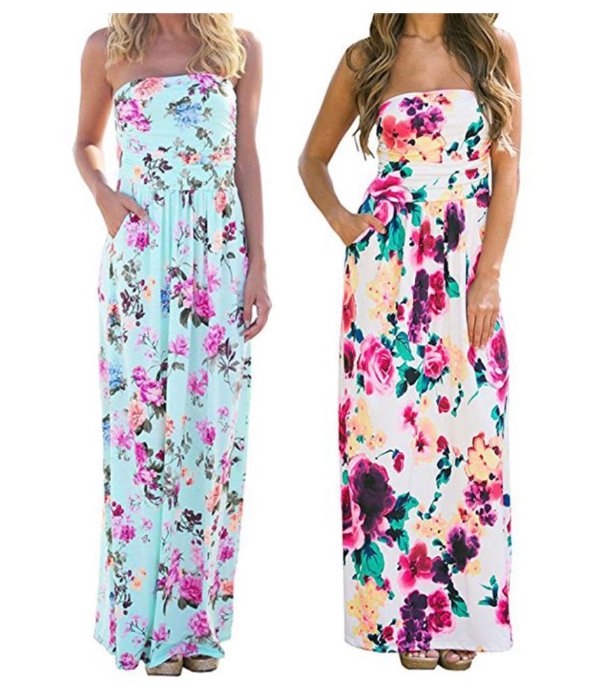Women Sexy Strapless Backless Floral Printed Long Maix Dress Beach Sundress - Buy Women Sexy 