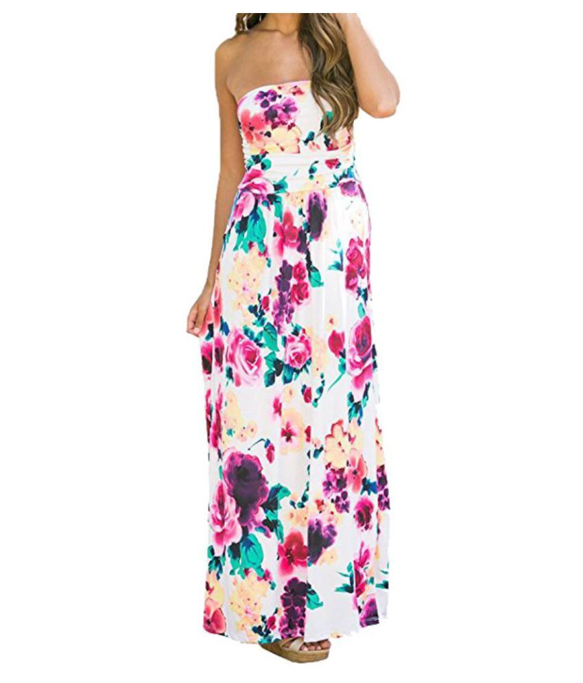 Women Sexy Strapless Backless Floral Printed Long Maix Dress Beach