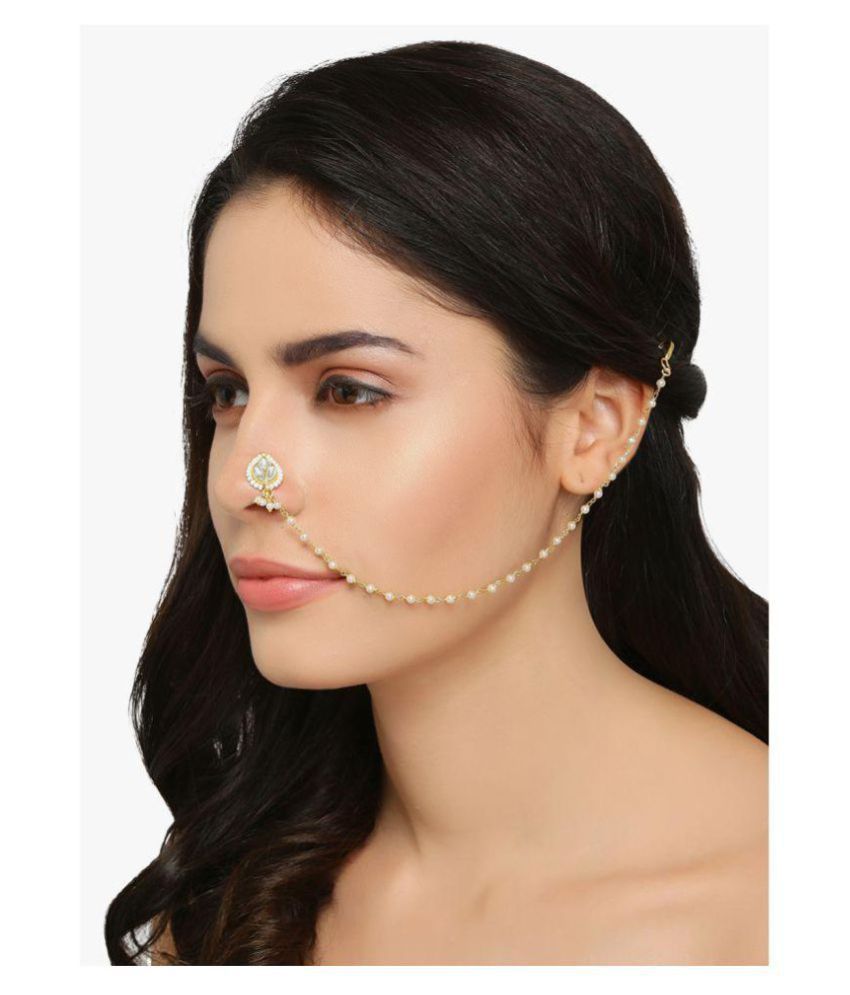 Accessher Ethnic Tilak Shaped Jadau Kundan And Pearl Nose Pin Nath With Chain Buy Accessher
