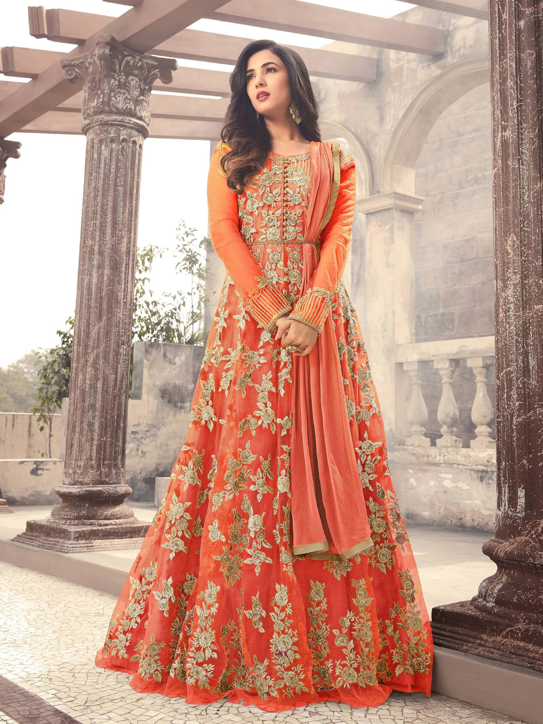 W Ethnic Orange Net Anarkali Semi-Stitched Suit - Buy W Ethnic Orange 