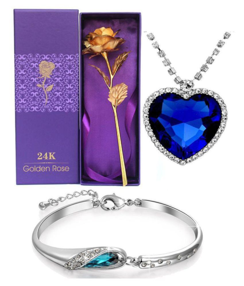     			Valentine Gifts for Her : YouBella Jewellery Combo of Heart Crystal Pendant Necklace Set for Women and Girls, Gold Plated Rose Flower and Crystal Jewellery Bangle Bracelet for Girls