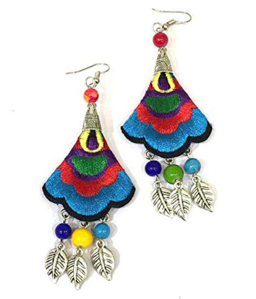     			Digital Dress Women's Fashion Jewellery Earring Indian Traditional Light Weight Handmade Multicolor Beads Embroidery Design With Silver-Plated Leaf  Drop Hook Earrings for Women & Girl -Skin Friendly