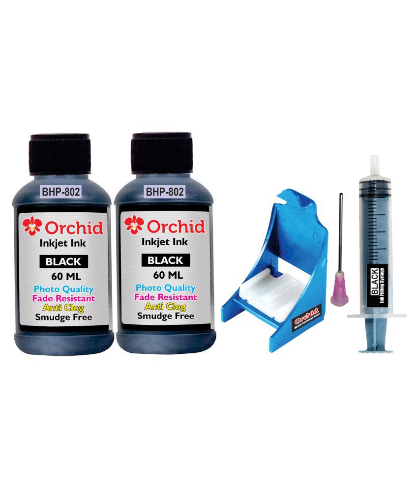 Orchid Black Two bottles Refill Kit for HP 802 black ink cartridge (Photo quality smudge free ink 120ml, ink filling & suction tools)